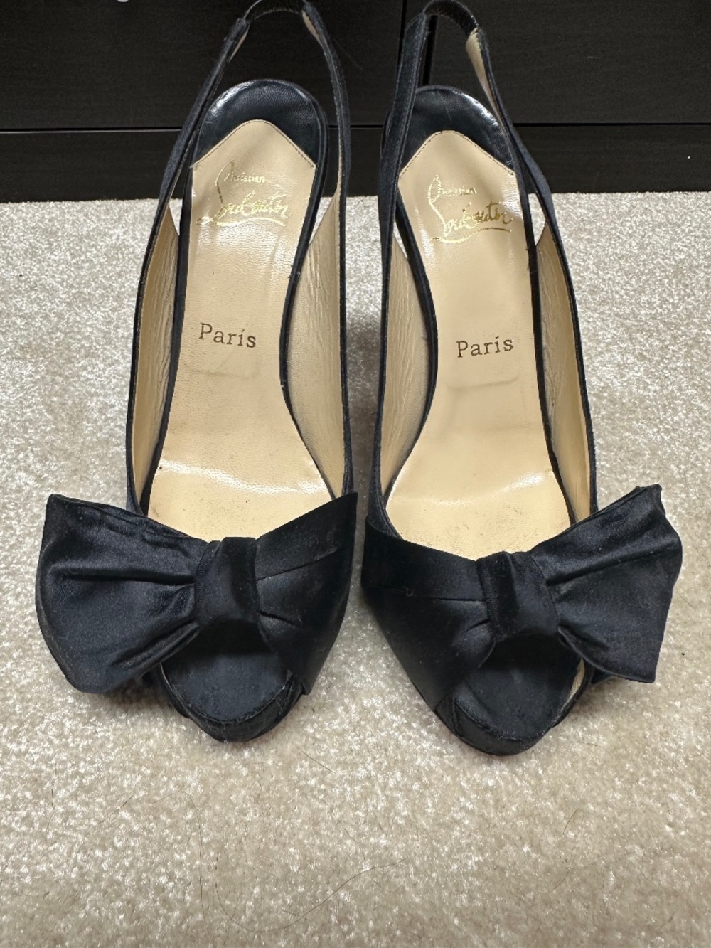 Christian Louboutin Black Satin Bow Peep-Toe Slingback Heels